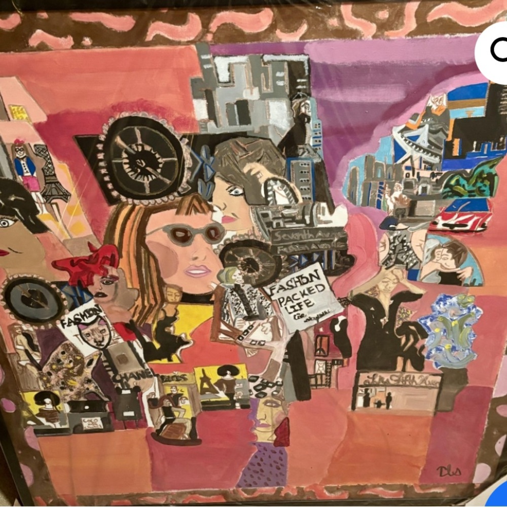 Mixed Media Collage in Pink and Brown with Architectural Elements and a Clock